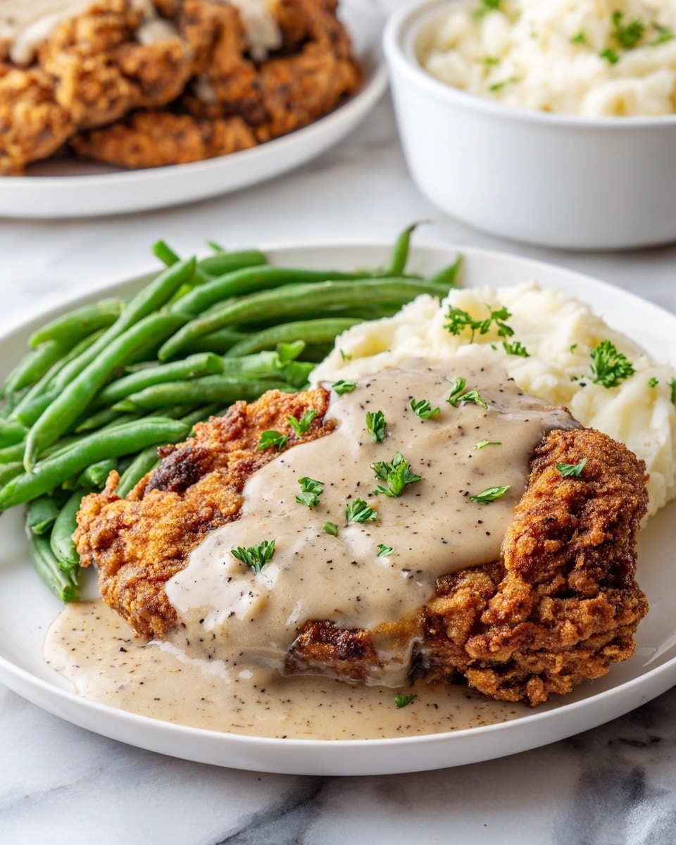 The image shows a white plate with three main layers of food. At the bottom right are fluffy, white mashed potatoes with a smooth, slightly textured surface, topped with light brown gravy that has specks of black pepper. To the left of the mashed potatoes is a piece of golden-brown fried chicken with a crispy and rough texture, covered partially by the same gravy. Behind the chicken, there is a pile of bright green beans with a slightly shiny appearance and sprinkled with black pepper. The plate sits on a white marbled surface, with another similar plate of fried chicken and a small bowl of mashed potatoes in the background. Small green parsley leaves are scattered on the food as garnish. Photo taken with an iphone --ar 4:5 --v 7