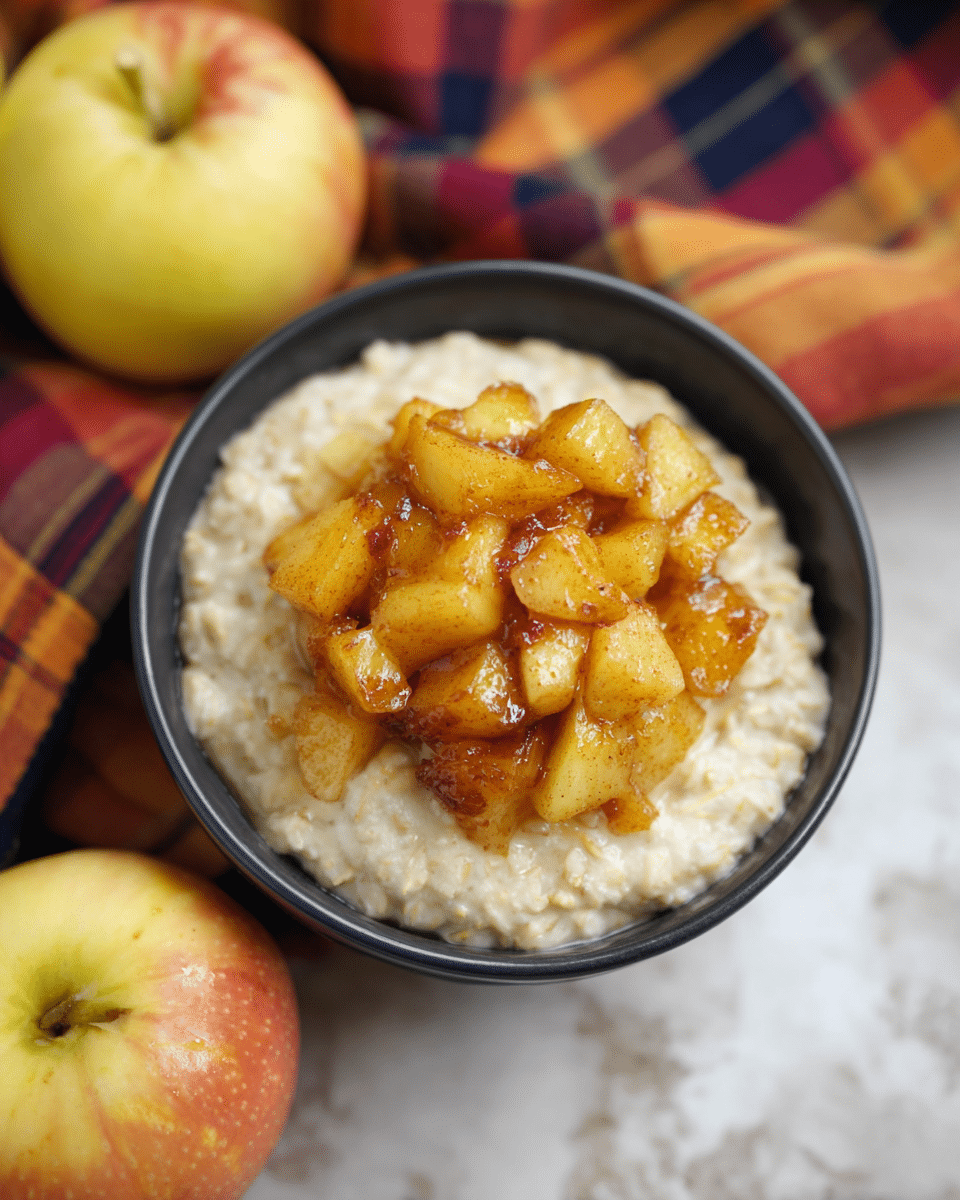 A close-up view of a small black bowl filled with creamy oatmeal as the bottom layer, soft and slightly lumpy with a pale beige color. On top, a generous layer of golden-brown caramelized apple cubes with a shiny, slightly crispy surface is arranged in the center. Around the bowl, two fresh apples with yellow and red skin are partially visible. The bowl is placed on a white marbled textured surface next to a plaid cloth with red, orange, yellow, and navy stripes. photo taken with an iphone --ar 4:5 --v 7
