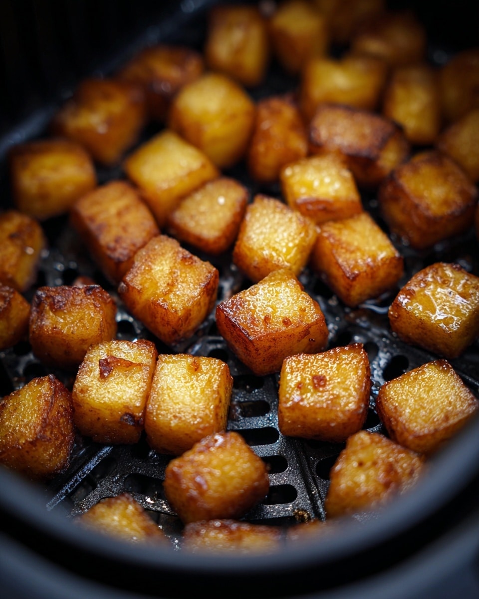 The image shows golden-brown, small cubed pieces of cooked food inside a dark air fryer basket. The cubes have a slightly crispy, caramelized texture with some glistening spots, indicating they may be coated with oil or seasoning. The cubes are evenly spread out inside the basket, with a few pieces stacked slightly over others, creating a layered effect of shiny, browned surfaces against the black basket grid. The background is blurred, focusing closely on the cooked cubes and the grill-like pattern beneath them. Photo taken with an iphone --ar 4:5 --v 7
