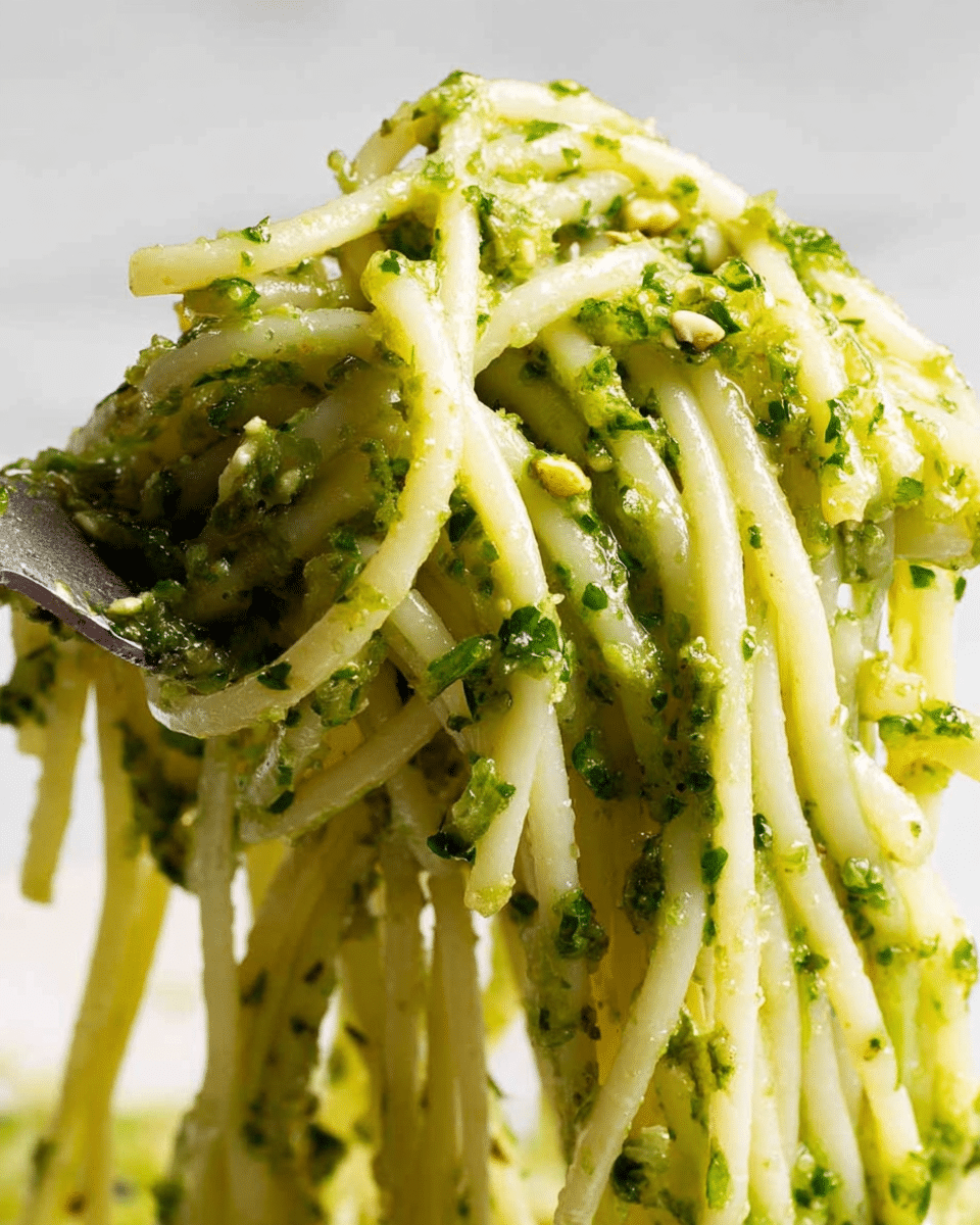 A close-up of thin white noodles lifted by a utensil, coated with a thick, slightly chunky green pesto sauce with small bits of herbs and nuts clinging to the strands, showing a mix of smooth and textured surfaces as the sauce evenly covers the noodles, all set against a white marbled background. photo taken with an iphone --ar 4:5 --v 7
