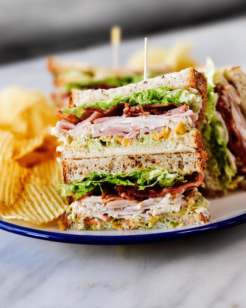 A club sandwich cut into triangular sections stacked in two layers on a white plate; the bottom layer has light brown toasted bread with visible seeds, green leafy lettuce, slices of ham, and a creamy spread, while the top layer has the same bread, crispy bacon, bright green lettuce, sliced turkey meat, and a yellowish spread with small bits, all held together with a toothpick; beside the sandwich are thin, pale yellow potato chips with ripple texture, all set against a white marbled surface in the background. photo taken with an iphone --ar 4:5 --v 7