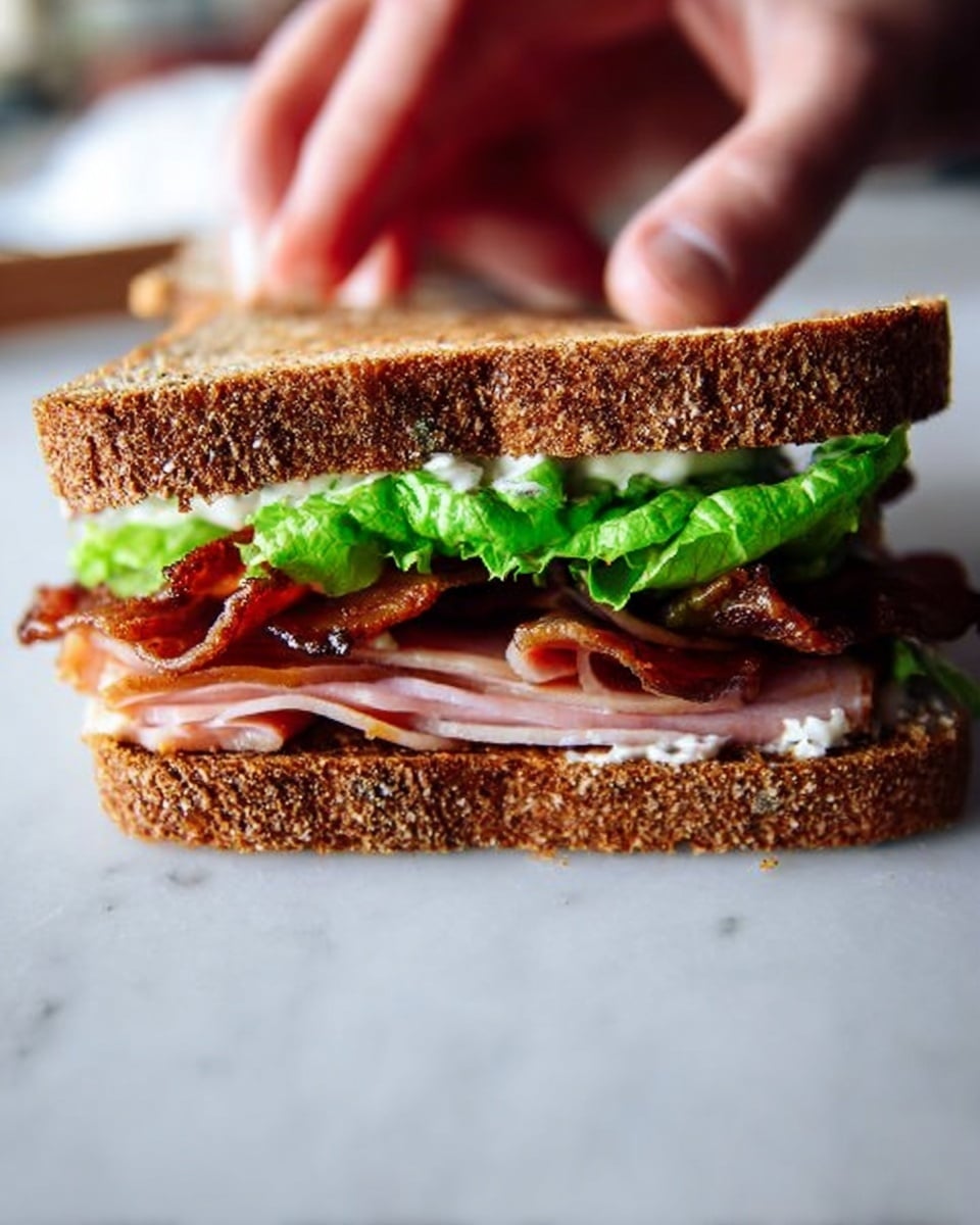 A close-up view of a sandwich held down by a woman's hand, showing two thick slices of toasted brown bread with a rough texture. Inside, the bottom layer has thinly sliced ham with a pinkish hue, topped by a fresh green lettuce leaf. Above the lettuce, crispy bacon strips with a rich brown color are visible, along with a touch of creamy white sauce peeking out. The sandwich is placed on a white marbled surface. photo taken with an iphone --ar 4:5 --v 7