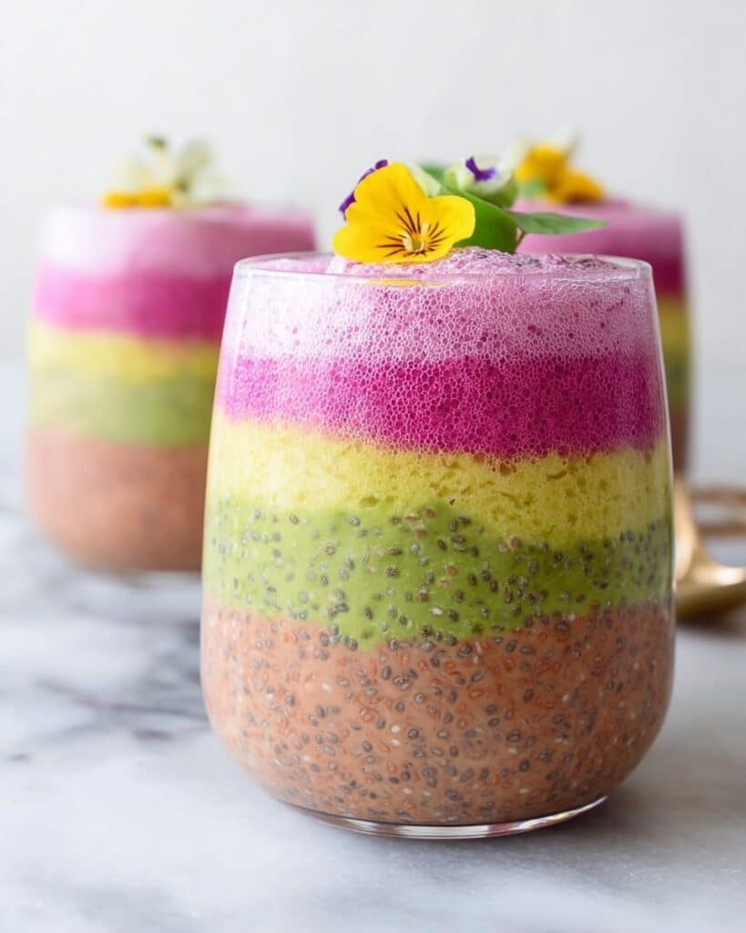 Chia Seed Breakfast Pudding with Dragon Fruit, Mango, Avocado, and Edible Flowers Recipe