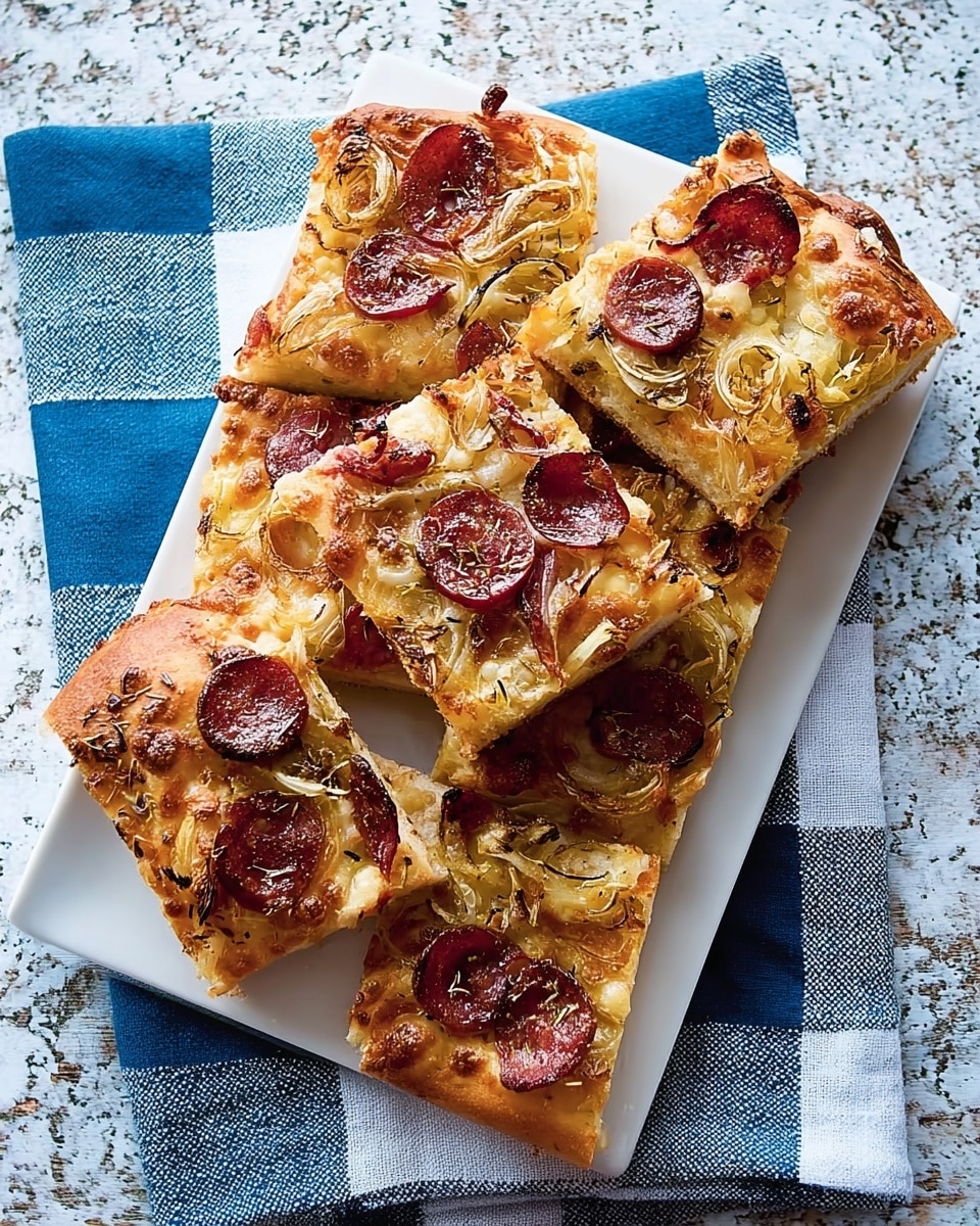 The image shows a white rectangular plate holding eight square pizza slices stacked casually. Each slice has a thick, golden-brown crust with a slightly crispy edge. The surface of the pizza is topped with scattered slices of dark red pepperoni, bits of melted yellowish cheese, and thin rings of toasted onion that add texture. The pizza dough looks soft but firm, with some visible herbs or seasoning sprinkled on top. The plate rests on a cloth with blue and white check patterns, placed on a white marbled textured surface. photo taken with an iphone --ar 4:5 --v 7