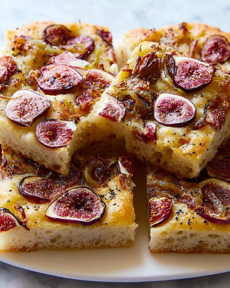Several square slices of focaccia bread are placed closely together on a white plate, all resting on a white marbled surface. Each slice shows a golden-brown crust with a soft, slightly airy texture. The top layer has caramelized red onions that look slightly crispy, and round, deep red fig slices with visible seeds and green edges, scattered evenly. The surface of the bread is lightly speckled with coarse sea salt and black pepper, giving it a textured appearance. Photo taken with an iphone --ar 4:5 --v 7
