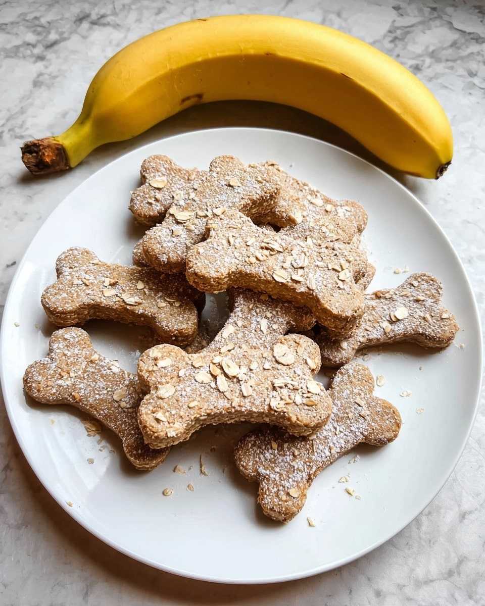 Several dog bone-shaped oat treats are spread on a wooden surface, with some having small oat flakes on top. The oat treats are light brown and textured with visible oats, giving a rough surface appearance. Two bananas with yellow skins, some with brown spots, are placed in the corners of the image, adding a pop of bright yellow color. The overall setup shows a simple, natural snack theme. Photo taken with an iphone --ar 4:5 --v 7