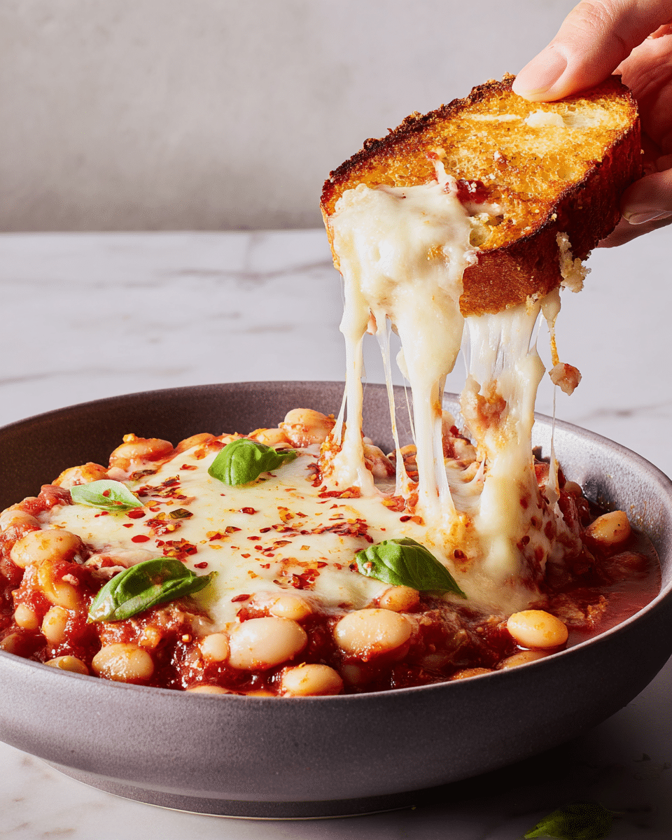 This image shows a round black pan with a red handle holding a dish with three main layers: the bottom layer is a thick red tomato sauce with chunks and white beans scattered throughout; the middle layer is a bright layer of melted cheese covering the sauce with gooey stringy texture where a slice is being lifted by a woman's hand, showing cheese stretching in long strands; on top, there are a few fresh green basil leaves placed evenly around the dish. The pan is set on a white marbled surface with small bowls of red pepper flakes and parmesan cheese in the background. photo taken with an iphone --ar 4:5 --v 7