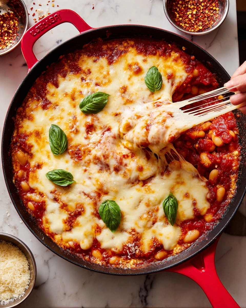 A grey bowl is filled with three main layers: the bottom layer is a deep red tomato sauce with large white beans scattered throughout, the middle layer is thick, melted white cheese stretching upward as a woman's hand lifts a piece of toasted bread from the bowl, and the top layer is a light sprinkle of red chili flakes and fresh green basil leaves for garnish. The bread is golden and crispy, holding some sauce and cheese as it is pulled up, creating long cheesy strands. The bowl sits on a white marbled surface with a soft background. Photo taken with an iphone --ar 4:5 --v 7