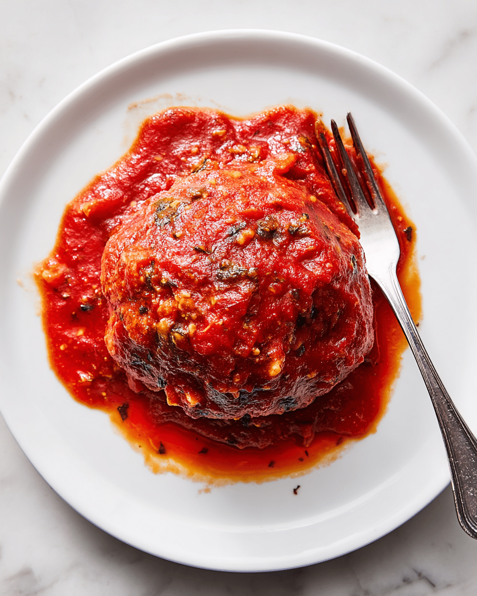 A large meatball sits on top of a bed of spaghetti on a white plate, all covered with thick red tomato sauce. The spaghetti forms the bottom layer, pale yellow and slightly glossy. The meatball is round and browned, covered in a rich red sauce that drips down its sides. The whole dish is sprinkled with grated white cheese and a few red chili flakes, adding texture and color contrast. A silver fork rests among the spaghetti strands on the left side. The background is a white marbled surface. photo taken with an iphone --ar 4:5 --v 7