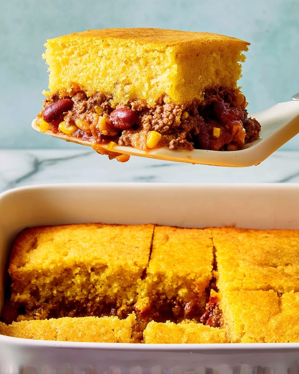 A piece of cornbread casserole is held above a white baking dish by a white spatula, showing two main layers: a golden-yellow cornbread top and bottom with a crumbly texture, and a middle layer of ground beef mixed with red beans and tomato sauce that is darker brown and slightly chunky, sitting between the cornbread. The baking dish is filled with the same cornbread casserole, cut into square pieces, resting on a white marbled surface with a soft blue background. photo taken with an iphone --ar 4:5 --v 7