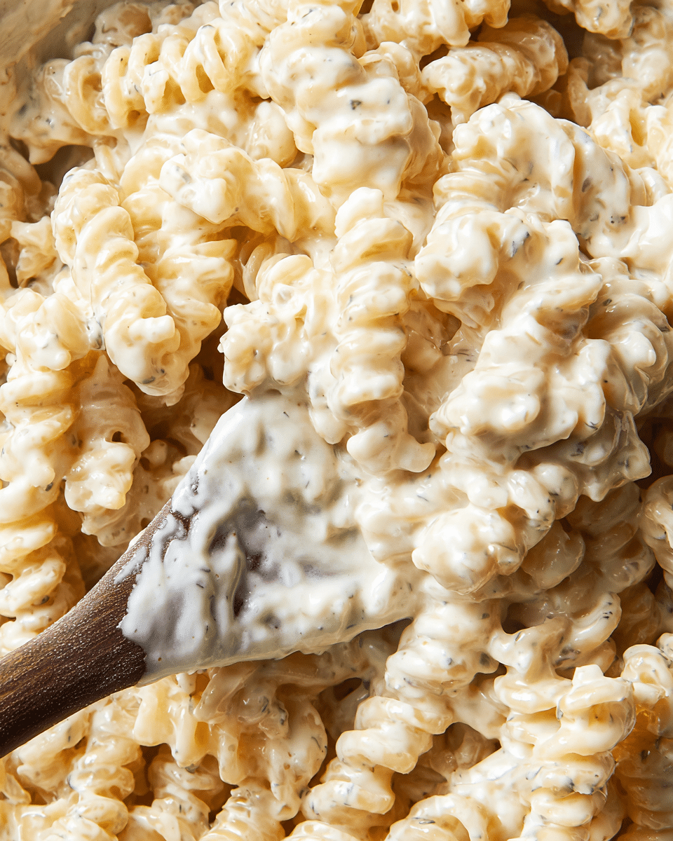 The image shows a close-up of cooked spiral pasta covered fully in a thick, creamy white cheese sauce with a smooth texture and specks of herbs mixed throughout. The pasta is tightly curled and well coated. A wooden spoon with a dark handle is partially visible in the center, buried slightly under the pasta and sauce. The background is a white marbled texture. Photo taken with an iphone --ar 4:5 --v 7