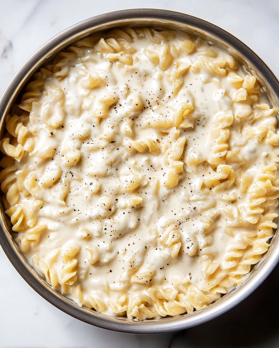 The image shows a close-up top view of a round metal pan filled with creamy pasta. The pasta is curly and light yellow, mixed and covered evenly with a thick, smooth, white cheese sauce. Small black pepper specks are scattered on top, adding a bit of contrast to the creamy sauce. The pan sits on a white marbled surface, with no other items visible around it. photo taken with an iphone --ar 4:5 --v 7