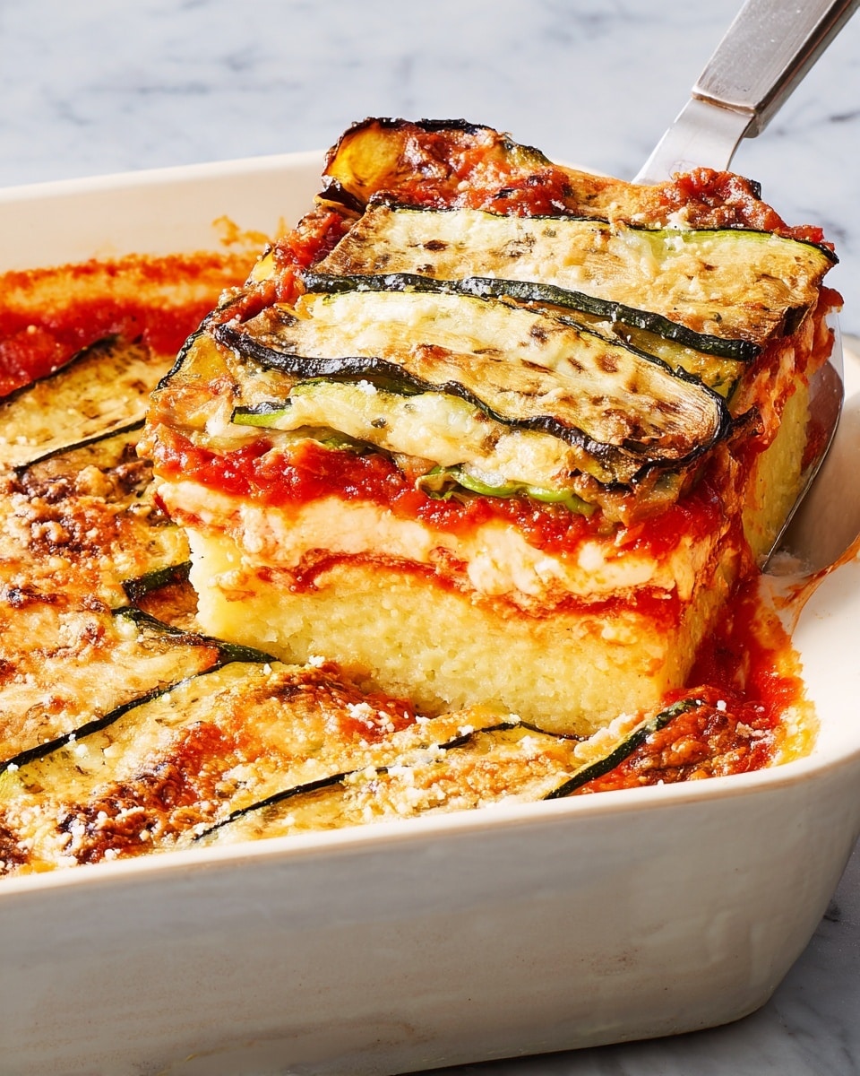 The image shows a baked dish in a white ceramic baking dish with handles, placed on a white marbled surface. The top layer has evenly arranged grilled zucchini slices forming a basket weave pattern, with their edges darkened and slightly crispy. Underneath, there is a rich, vibrant red tomato sauce layer visible around the edges. The zucchini is topped with melted golden-brown cheese that has some browned spots, adding a textured and slightly bubbly appearance. Small bits of grated cheese are scattered subtly over the top, giving a rich finish. photo taken with an iphone --ar 4:5 --v 7