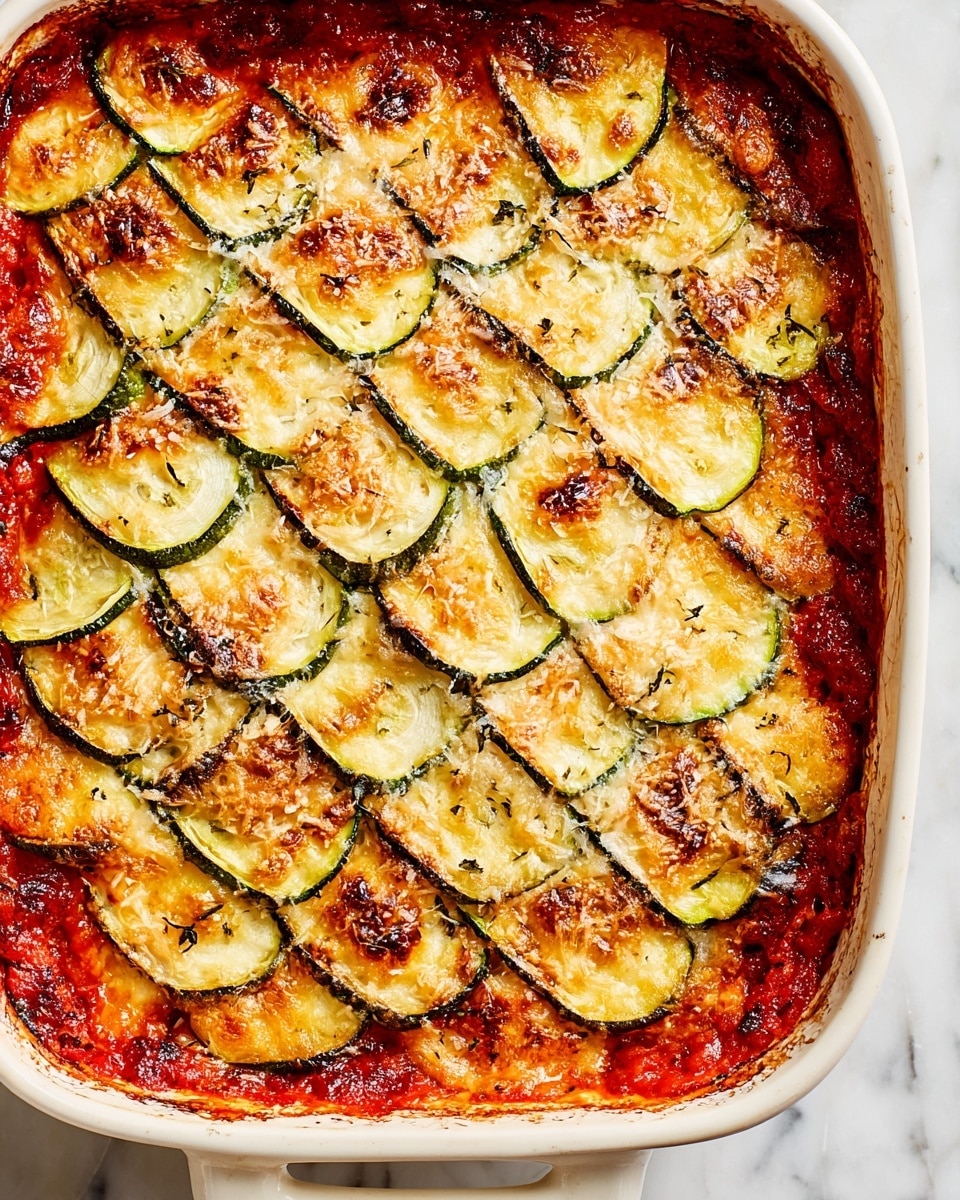A white square baking dish holds a layered zucchini casserole with visible six layers. The bottom layer is a light beige, smooth polenta base, followed by a vibrant red tomato sauce layer. Above that is a thick, creamy white ricotta cheese layer, then another layer of red tomato sauce. Thin, grilled zucchini strips with a charred green and dark edge cover the top, melted with a golden brown cheesy crust sprinkled lightly with grated cheese. A metal spatula lifts a piece showing the layers clearly. The dish sits on a white marbled surface. Photo taken with an iphone --ar 4:5 --v 7