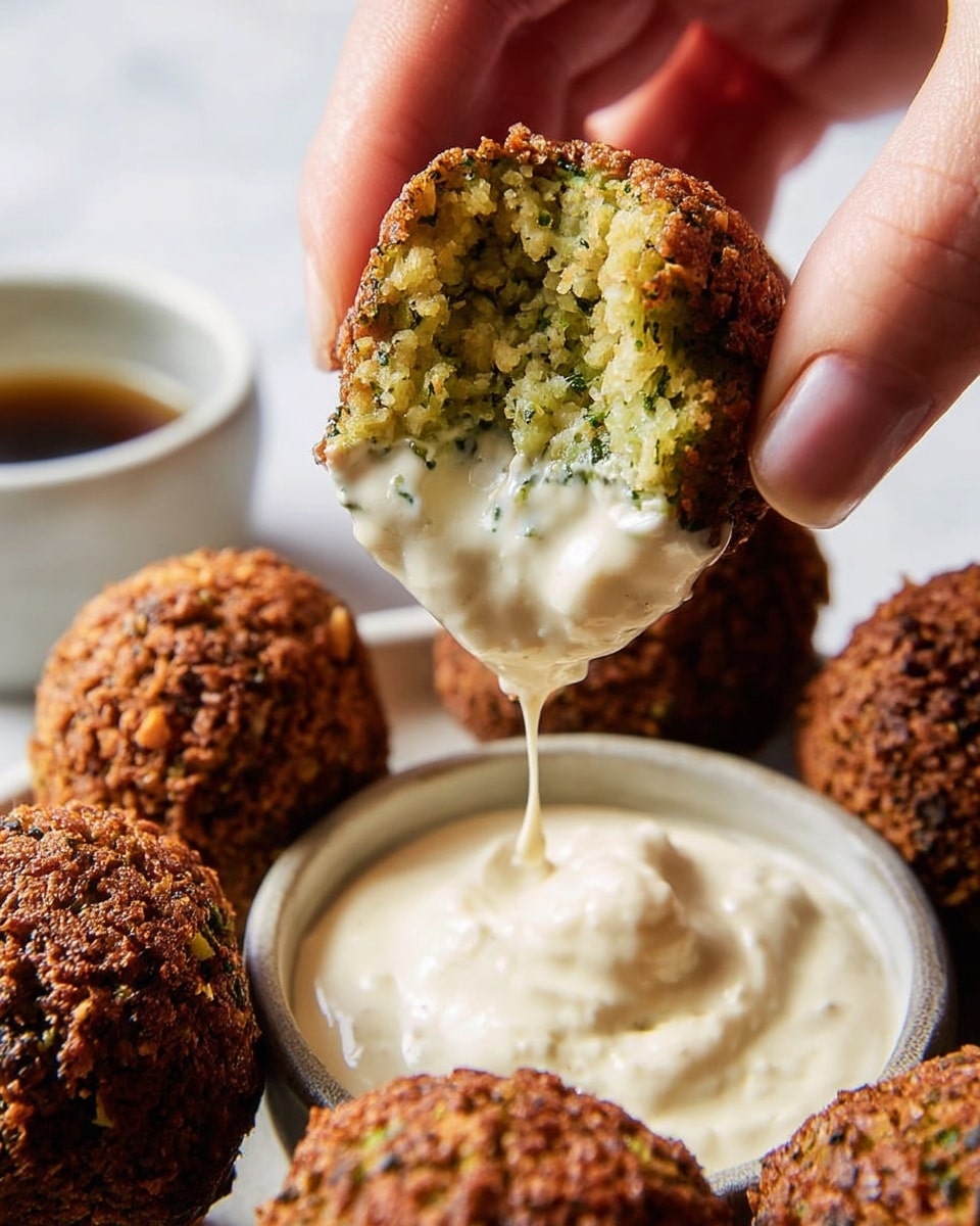 A woman's hand is holding a halved falafel ball, showing its crumbly, green interior filled with herbs and chickpeas, dipped halfway into thick, creamy white sauce that clings smoothly to the falafel. The falafel's exterior is golden brown and crunchy with a rough texture. Around it, several whole falafel balls with the same textured brown crust sit on a white marbled surface, and a white bowl filled with the smooth sauce is partially visible. In the background, another white bowl with a dark sauce is softly out of focus. Photo taken with an iphone --ar 4:5 --v 7