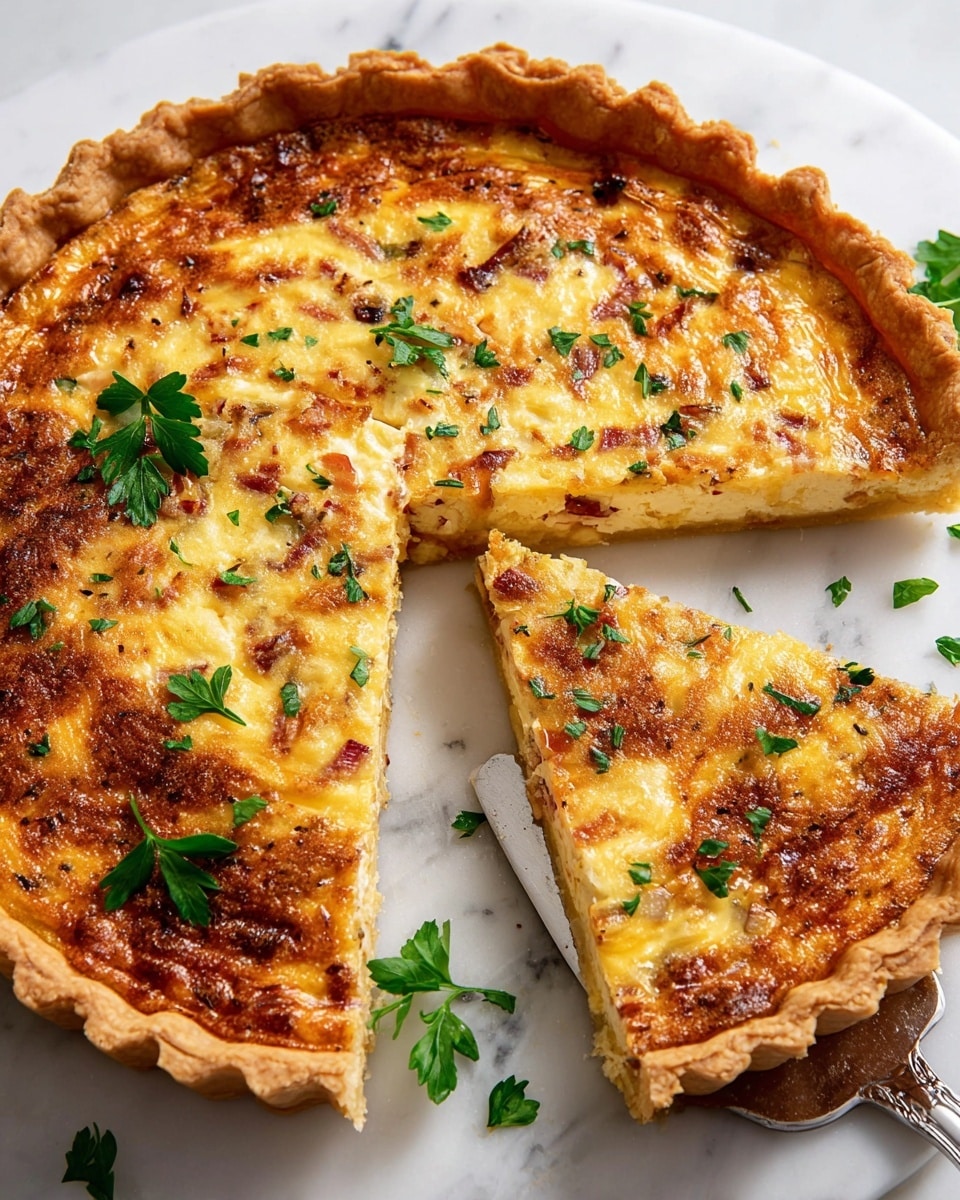 A golden-brown quiche with a crumbly crust sits on a white marbled surface, cut into three wedges with one wedge slightly pulled out showing the soft, creamy filling inside. The filling is a mix of melted cheese with browned spots giving a bubbly texture, and small bits of what looks like cooked bacon or ham are visible under the surface. Fresh green parsley leaves are sprinkled on top and around the quiche, adding a touch of color. A silver spatula rests beside the quiche on the white marbled surface. photo taken with an iphone --ar 4:5 --v 7