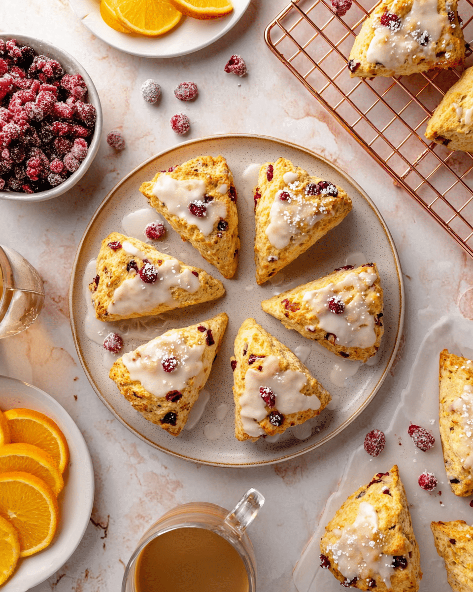 The image shows a round beige plate filled with seven triangular scones topped with white icing and sugar crystals, each scone dotted with red berries, giving a mix of golden brown, cream, and bright red colors. Around the main plate, there is a white bowl of red sugared berries to the top left, a copper cooling rack holding three glazed scones at the top right, and portions of the scene with sliced orange pieces on small white plates to the bottom left and right. A glass cup of light brown coffee sits near the bottom center on a white marbled surface. The overall setting is bright and cozy, emphasizing the textures of the soft scones with crisp edges, shiny glaze, and juicy berries. photo taken with an iphone --ar 4:5 --v 7