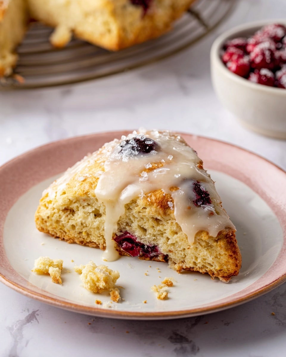 A single triangular scone sits on a white plate with a soft pink edge, placed on a white marbled surface. The scone has a golden brown crust with a crumbly texture and visible cracks, revealing a soft, light yellow inside. On top, a thick layer of creamy white glaze drizzles down unevenly, sprinkled with coarse, sparkling sugar crystals. Embedded in the scone are dark red cranberries, one of which peeks out near the top, slightly wrinkled and glossy. Crumbs are scattered around the plate, adding a sense of freshness and homey appeal. In the background, a bowl filled with sugared cranberries and a cooling rack holding another scone can be seen. photo taken with an iphone --ar 4:5 --v 7