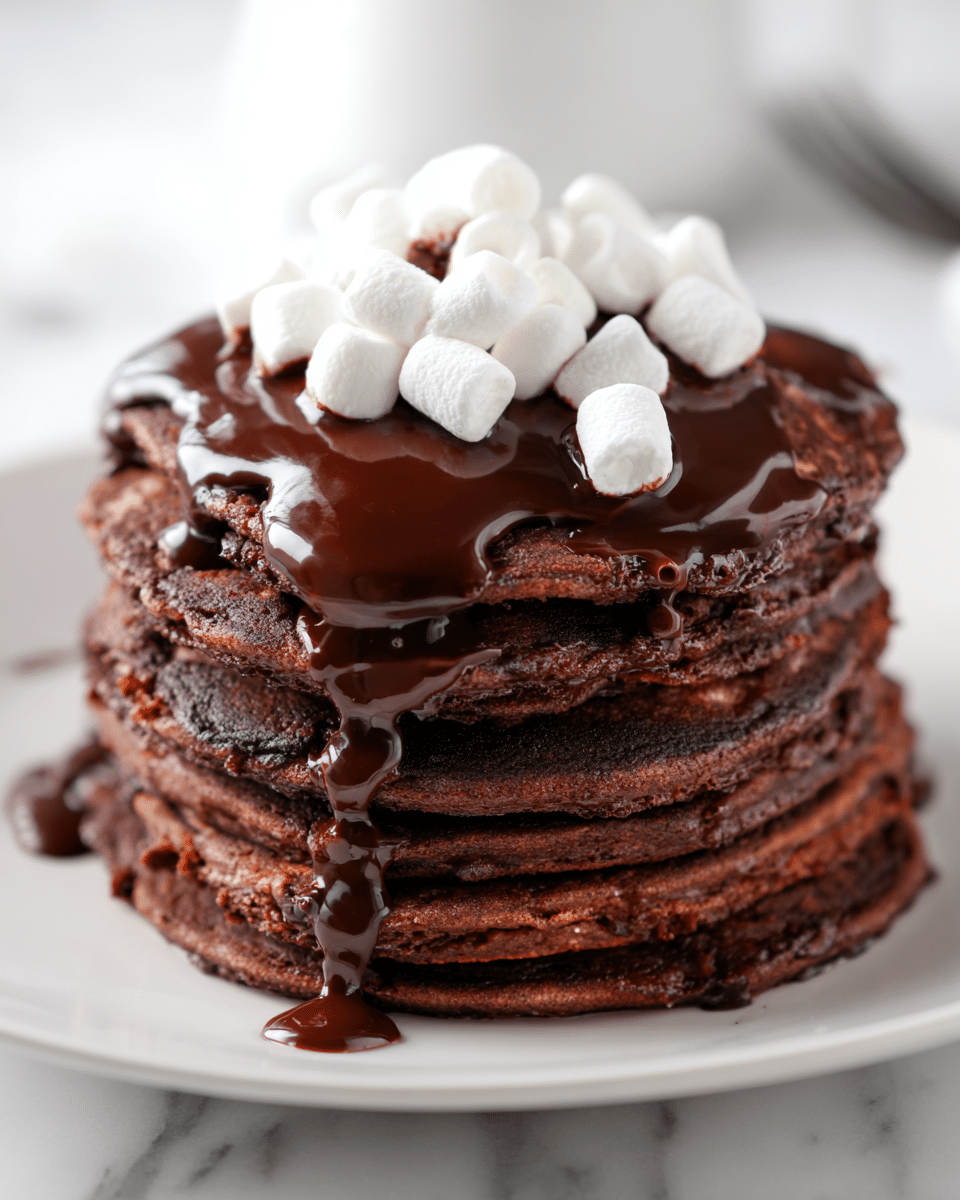 A stack of seven thick, dark brown chocolate pancakes sits centered on a white plate, each pancake showing a soft, slightly porous texture with uneven edges. Rich, glossy dark chocolate sauce is poured generously over the top, spilling down the sides in smooth ribbons, creating a shiny contrast against the matte pancakes. On top of the sauce, a small pile of white mini marshmallows adds a soft, fluffy texture and bright color. The plate rests on a white marbled surface, and soft light highlights the sauce’s gloss and the pancakes’ texture. Photo taken with an iphone --ar 4:5 --v 7