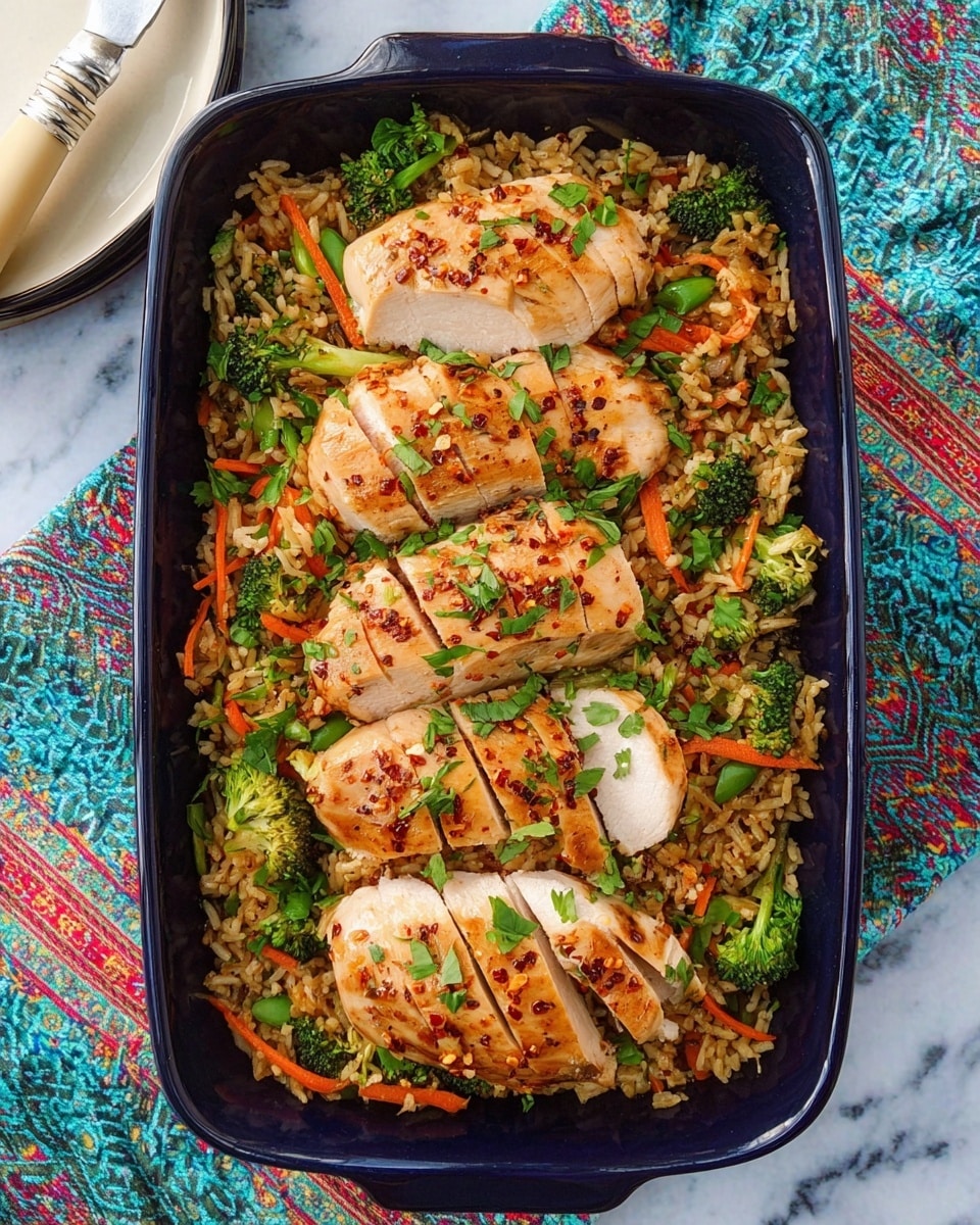 A dark blue rectangular dish filled with three sliced grilled chicken breasts placed side by side on top of a bed of fried rice mixed with small pieces of broccoli, carrot strips, snap peas, and herbs, with the chicken breasts lightly browned and garnished with chopped green parsley and crushed red pepper flakes. The dish sits on a white marbled surface with colorful woven cloth and a white plate with beige trim and a striped knife handle partially visible near the top edge. The overall look is warm and fresh, with vibrant colors from the vegetables contrasting against the golden brown chicken. photo taken with an iphone --ar 4:5 --v 7