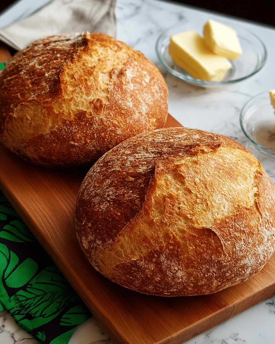 Two round baked loaves of bread with golden brown crusts that look crispy and cracked on top, placed side by side on a wooden cutting board. The scene includes a white marbled textured background with a patterned cloth underneath the cutting board, and a small clear bowl with butter is partly visible to the right. photo taken with an iphone --ar 4:5 --v 7