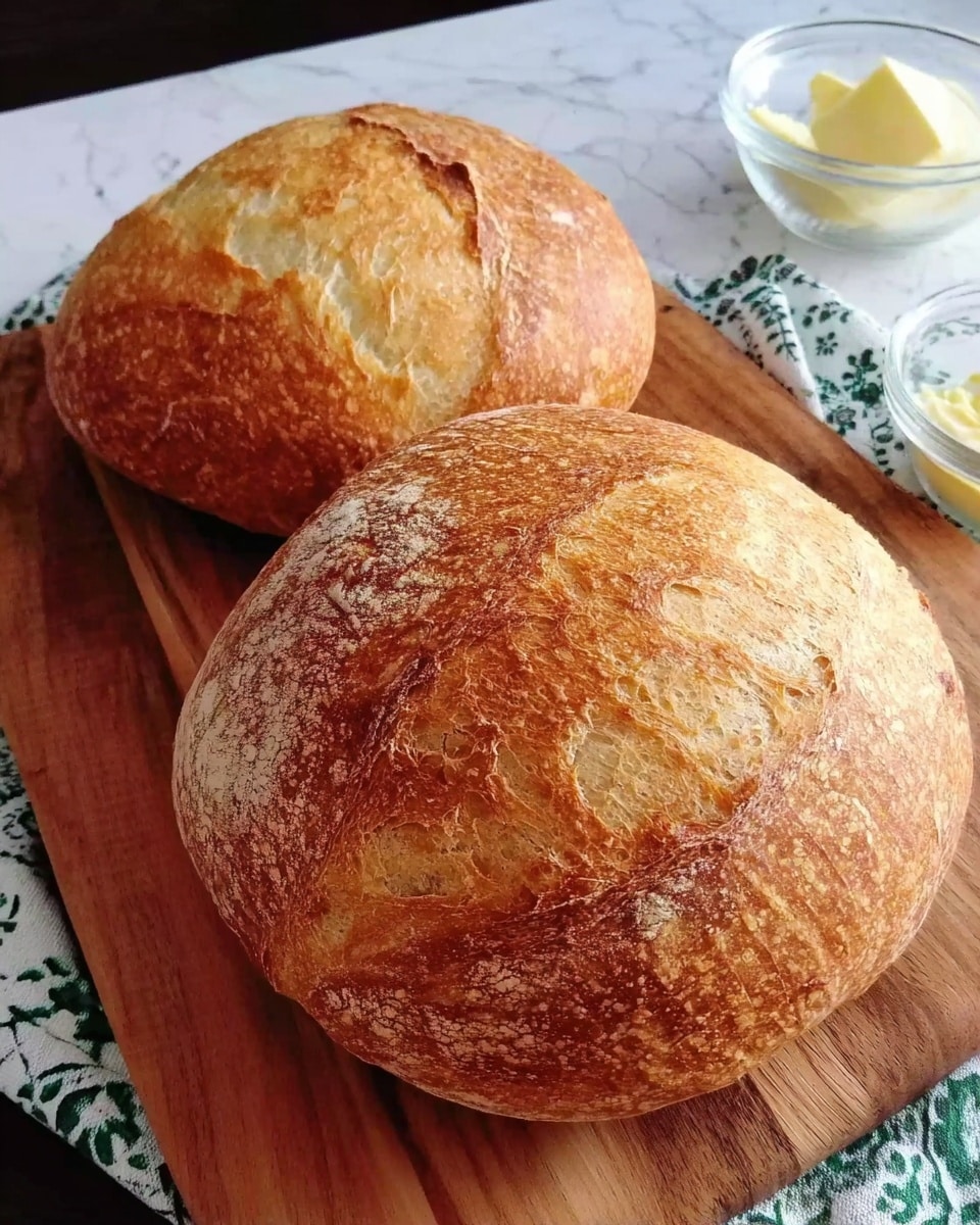 Two round, golden-brown loaves of bread with a crusty, slightly cracked surface rest side by side on a wooden cutting board. The bread has a textured, flaky crust with lighter and darker shades of brown, showing an artisan, homemade feel. The board is placed on a white marbled surface with a green and black patterned cloth partially visible underneath. In the background, there is a clear glass bowl with pale yellow butter and a folded white napkin nearby. Photo taken with an iphone --ar 4:5 --v 7