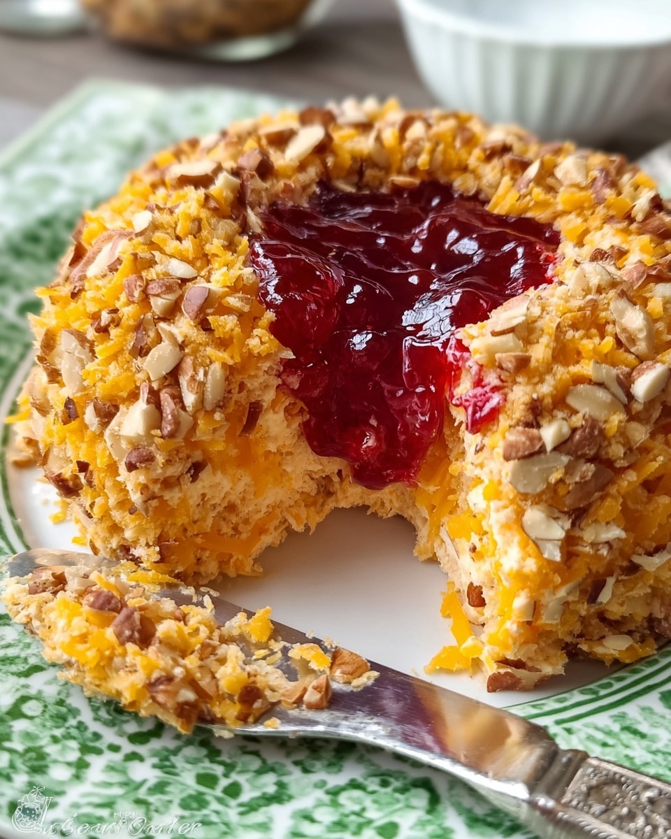 A round cheese ball is shown with a chunky texture made of shredded orange cheddar and pieces of chopped nuts, mainly covering the outer layer. The center is hollowed out and filled with a thick, glossy deep red jelly or jam. The cheese ball sits on a white plate with a green patterned surface beneath it, though this should be imagined as a white marbled surface instead. A silver butter knife is on the plate with some cheese spread on it. The edge of a white bowl is blurred in the background. photo taken with an iphone --ar 4:5 --v 7