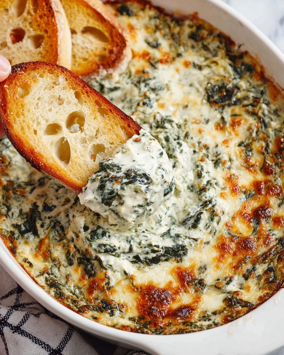 A white oval dish filled with a creamy baked spinach dip that has a golden-brown, bubbly top layer mixed with green spinach bits throughout. Two slices of toasted bread, light golden with some crisp edges and holes inside, are dipped into the creamy spinach mixture, one slice held by a woman's hand. The base layer inside the dish is creamy white with patches of browned, slightly crispy cheese on top. The background has a white marbled texture with a hint of a black and white checkered cloth. Photo taken with an iphone --ar 4:5 --v 7