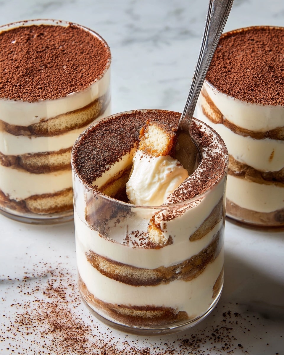 Two clear glass cups are filled with a five-layer dessert. Each cup shows alternating layers of light brown sponge cake and thick, creamy white filling. The top layer of cream is covered with a fine dusting of cocoa powder. The cup in front has a spoon inside, lifting a portion of the dessert, revealing the soft texture of the cream and cake. The glasses sit on a white marbled surface with extra cocoa powder sprinkled around, and the background is softly blurred. photo taken with an iphone --ar 4:5 --v 7