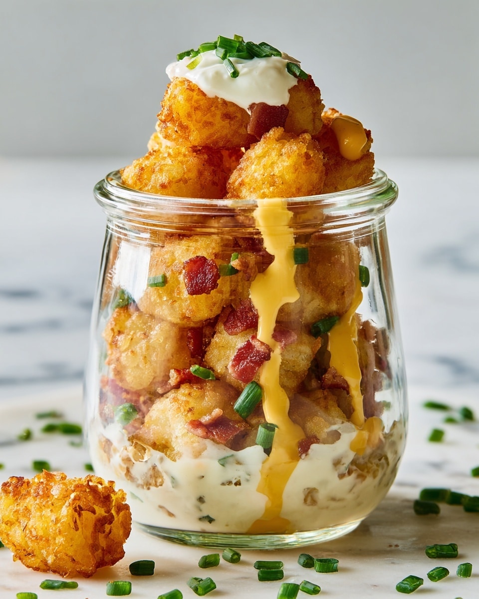 A clear glass jar filled with three distinct layers of crispy golden-brown tater tots mixed with small pieces of reddish-brown bacon and topped with creamy white sour cream drizzles and smooth yellow cheese sauce running down the sides. The jar sits on a white marbled surface with scattered bright green chopped chives and a single tater tot resting beside the jar. A dollop of sour cream garnished with chives decorates the very top, with two tater tots peeking out from underneath the sauce. photo taken with an iphone --ar 4:5 --v 7