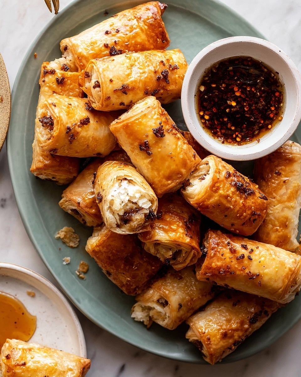 A white plate full of about a dozen golden brown rolled pastries with flaky, slightly crispy texture, each roll showing some dark seasoning bits on the surface and honey glaze dripping lightly; two of the pastries are bitten in half, revealing a soft white filling inside; to the upper right on the same plate is a small white bowl with a dark sauce sprinkled with chili flakes; the plate is placed on a white marbled surface with part of another white plate at the bottom left showing sauce and a small pastry piece; the lighting is soft and natural. photo taken with an iphone --ar 4:5 --v 7