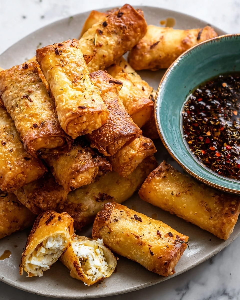 The image shows a plate full of golden brown, crispy rolled pastries with slightly flaky textures and small bits of seasoning on top. Some are whole, while others are cut in half, revealing a creamy white filling inside. The pastries are stacked on a white plate, and next to them is a bowl filled with a dark, rich sauce with red pepper flakes. The background is a white marbled surface. Photo taken with an iphone --ar 4:5 --v 7