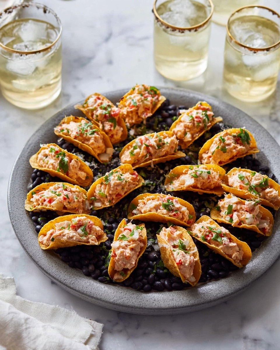 A round gray plate filled with many small crispy taco shells, each holding a creamy pinkish filling mixed with small red and white pieces and topped with chopped green herbs. The tacos are sitting on a layer of black beans that cover the base of the plate, creating a dark textured background. Around the plate, there are clear glasses with pale yellow drinks and ice, all placed on a white marbled surface with soft white cloth in the background. Photo taken with an iphone --ar 4:5 --v 7