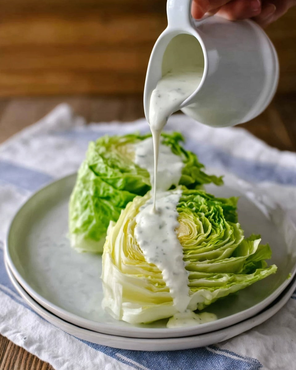 Two wedge-shaped layers of light green to yellow lettuce sit on a white plate with a white marbled texture underneath. A white pitcher held by a woman's hand pours a thick, creamy, white dressing over the right wedge, forming a smooth, flowing line that starts at the top and continues down the lettuce. The background includes a wooden surface partially visible behind the plate, which rests on a white cloth with blue stripes. The fresh lettuce layers show tight, crinkled leaves that gradually open outward. Photo taken with an iphone --ar 4:5 --v 7
