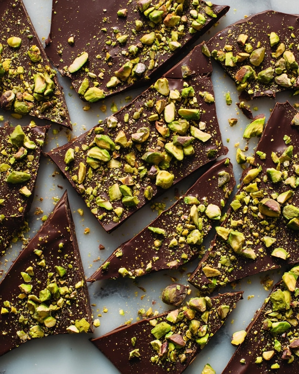 The image shows dark chocolate bark broken into large uneven pieces spread on a white marbled surface. Each piece is topped with a generous layer of chopped green pistachio nuts scattered unevenly, adding a nice texture contrast to the smooth chocolate. The dark brown chocolate has a shiny, smooth texture with tiny bubbles and slight surface imperfections. The pistachios create a rough and crunchy look with their different sizes and shades of green and yellow scattered over the chocolate. photo taken with an iphone --ar 4:5 --v 7