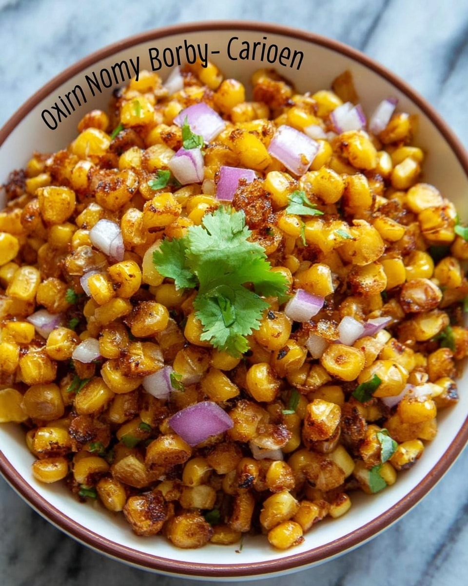 The image shows a white bowl with a brown rim filled with a crispy snack made of golden-brown fried corn kernels mixed with small pieces of chopped white and light purple onions, and garnished with fresh green cilantro leaves on top. The corn kernels have a rough, crunchy texture and are evenly spread out inside the bowl. The bowl is placed on a white marbled surface with soft lighting highlighting the details of the snack. photo taken with an iphone --ar 4:5 --v 7
