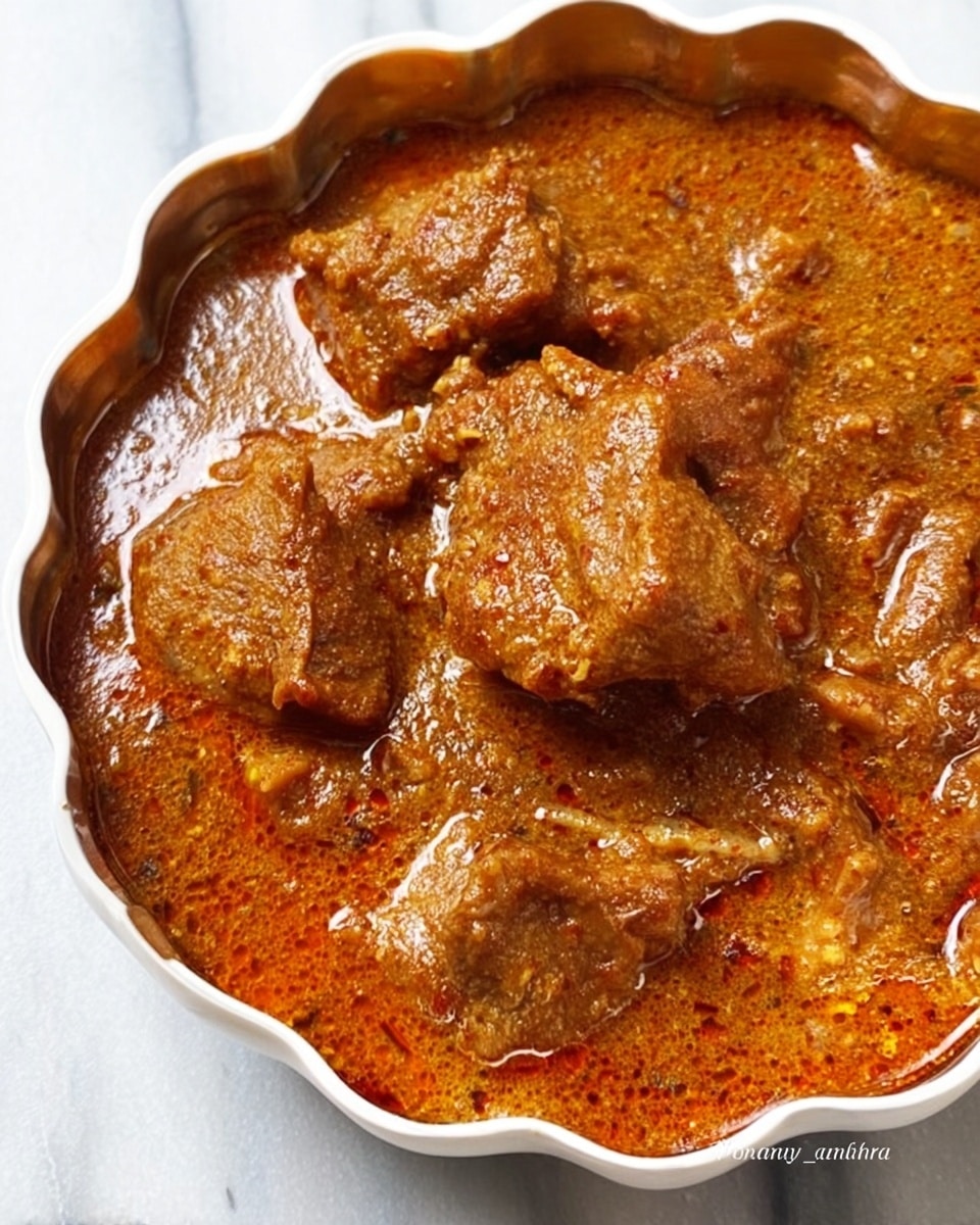 A close-up image of a white flower-shaped bowl filled with thick brown curry with visible chunks of tender meat, sitting on a white marbled surface. The curry has a rich texture, glistening with oil on top, and small specks of spices can be seen throughout the sauce. The meat pieces are coated well in the smooth, creamy curry sauce, with one larger piece resting near the edge of the bowl. The dish looks warm and hearty, with the rich brown color contrasting with the shiny, white bowl. photo taken with an iphone --ar 4:5 --v 7