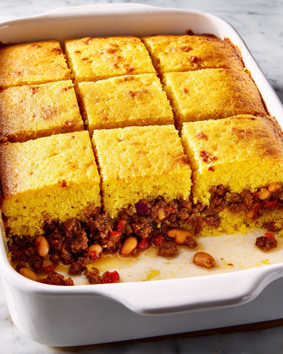 A white rectangular baking dish holds a freshly baked casserole cut into neat square sections. The casserole has two layers: the top and bottom layers are thick, golden-yellow cornbread with a soft, crumbly texture, while the middle layer consists of a rich, dark brown ground beef mix with visible pinto beans and bits of red peppers. Some filling has spilled slightly onto the bottom of the dish, which sits on a white marbled surface. The edges of the cornbread show a light, baked browning. photo taken with an iphone --ar 4:5 --v 7