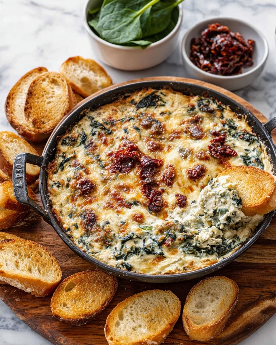 A round skillet filled with a creamy, baked dip made of three main layers: the base layer is a soft white cheese mix, the middle has specks of dark green spinach and chunks of reddish sun-dried tomatoes spread evenly throughout, and the top shows a golden-brown melted cheese crust with some browned spots. The skillet rests on a wooden board with several toasted white bread slices arranged around it, one of which is dipped into the dip revealing its thick, creamy texture. In the background, two small white bowls contain fresh spinach leaves and a darker sun-dried tomato mix, all placed on a white marbled texture surface. photo taken with an iphone --ar 4:5 --v 7