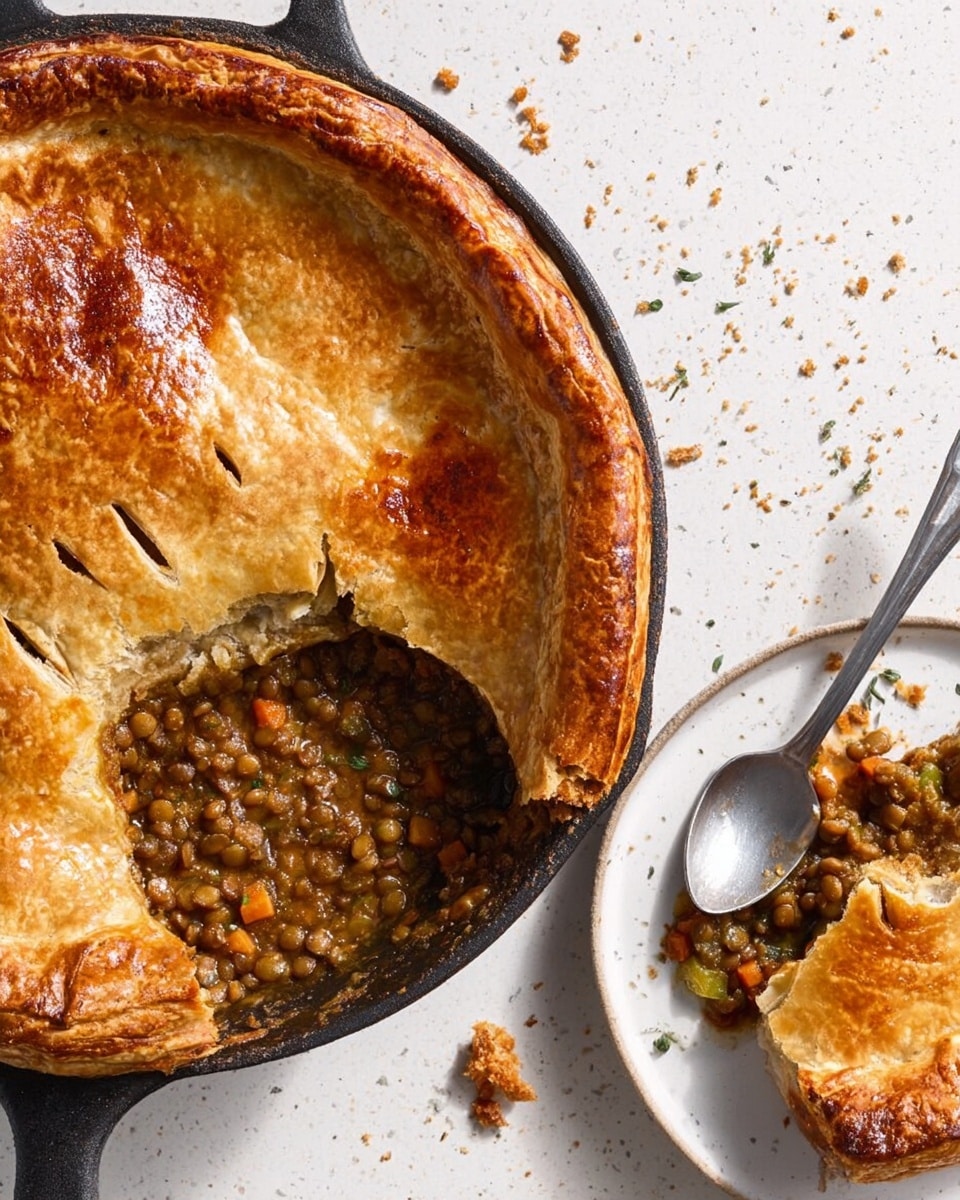A lentil pie with a golden brown, shiny crust on top, baked in a black cast iron skillet; the crust is thick with some slits on top showing the lentil filling beneath. Next to the skillet is a white plate holding a piece of the pie with the crust broken to reveal the cooked lentils inside, which are brown with small bits of orange carrots and green herbs visible, and a silver spoon resting on the plate. The surface underneath is a white marbled texture with small crumbs scattered around. Photo taken with an iphone --ar 4:5 --v 7