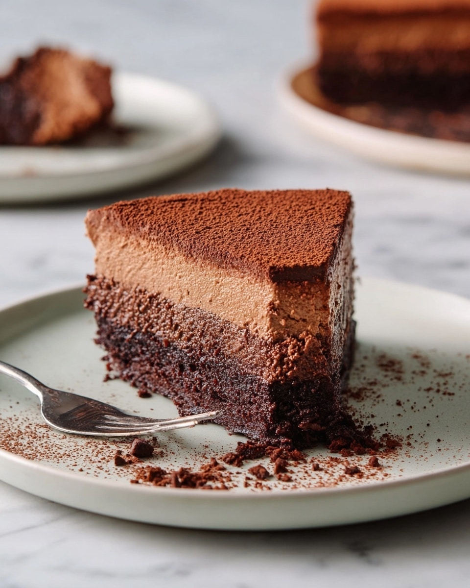 A slice of two-layer chocolate cake sits on a white plate, placed on a white marbled surface. The bottom layer is dark and dense with a rich, fudgy texture, while the top layer is a lighter, creamy chocolate mousse, dusted evenly with cocoa powder. In front of the slice, a fork holds a small bite of the cake, showing the moist and soft interior. Crumbs and cocoa powder are scattered lightly around the plate. In the background, out of focus, there is another white plate with more cake. photo taken with an iphone --ar 4:5 --v 7