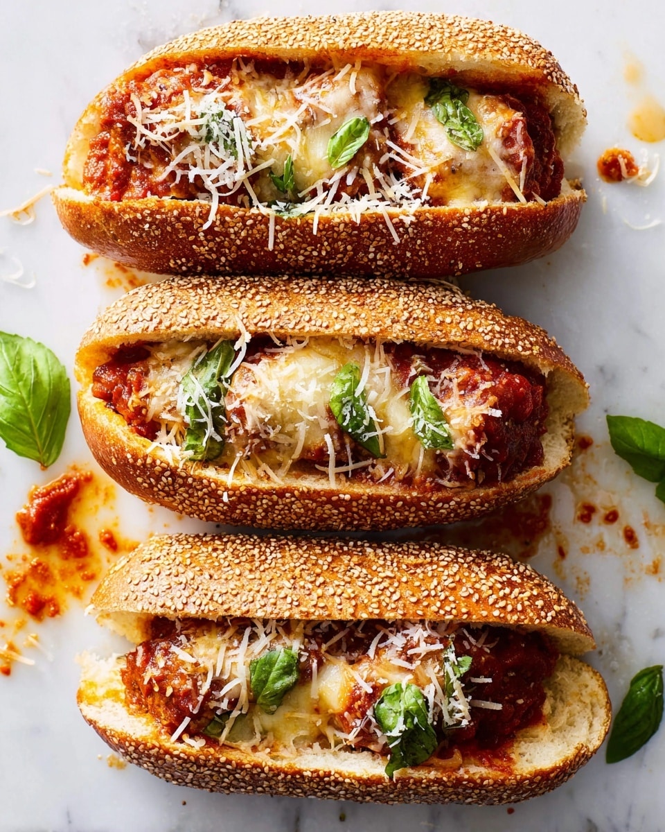 Three sesame seed-covered sandwich buns are filled with a layered mix of rich red tomato sauce, melted golden-yellow cheese with bubbly spots, and fresh green basil leaves scattered on top and inside. Each sandwich shows the sauce oozing slightly over the toasted brown edges of the buns, with a light sprinkle of shredded white cheese over the top and around the sides. The sandwiches sit on a white marbled surface with a few drops of sauce and small basil leaves nearby. Photo taken with an iphone --ar 4:5 --v 7