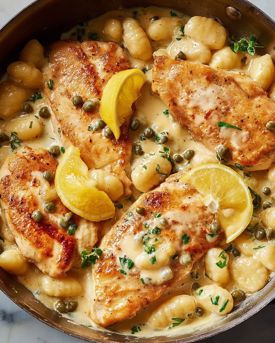 The image shows four pieces of light golden brown chicken breast with a slightly crispy surface, covered in a glossy, creamy beige sauce with small green capers scattered on top. The chicken is placed among small, soft gnocchi pieces that are coated in the same sauce, creating a smooth texture contrast. Bright yellow lemon slices are tucked between the chicken pieces, adding a fresh, citrus touch. Fresh green herbs are sprinkled over the dish, adding a pop of color and a hint of freshness. The food is shown in a pan, with a hint of the creamy sauce spread around on a white marbled texture surface. photo taken with an iphone --ar 4:5 --v 7