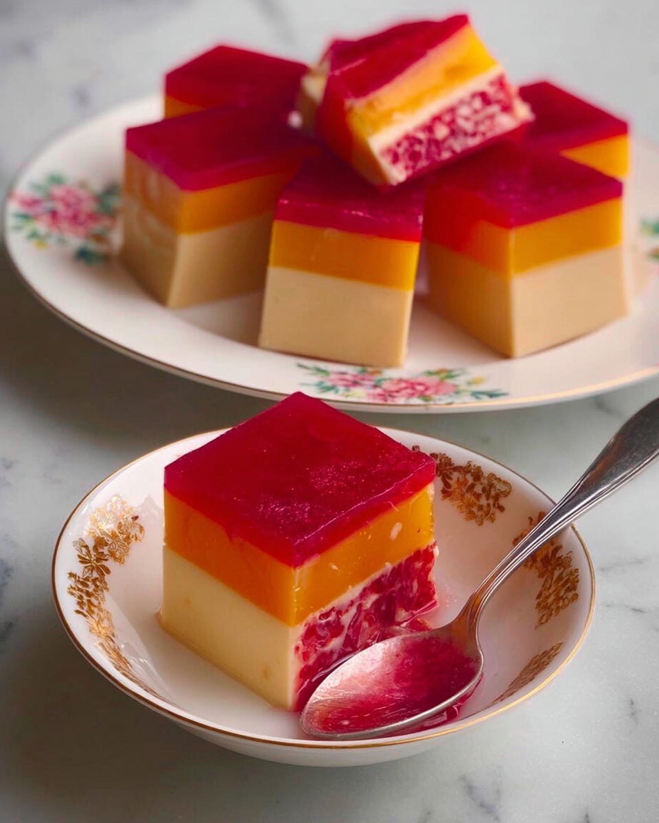 The image shows several slices of a layered dessert on a white plate with a floral pattern, and one slice served on a small white bowl with a gold pattern. Each slice has three distinct layers: a smooth beige top and bottom layer, a thin bright orange layer in the middle, and a thick, bright red bottom layer with a textured, jelly-like appearance with bits inside. The red layer looks soft and slightly oozing. A silver spoon rests in the small bowl beside the single slice. The background is a white marbled surface. photo taken with an iphone --ar 4:5 --v 7