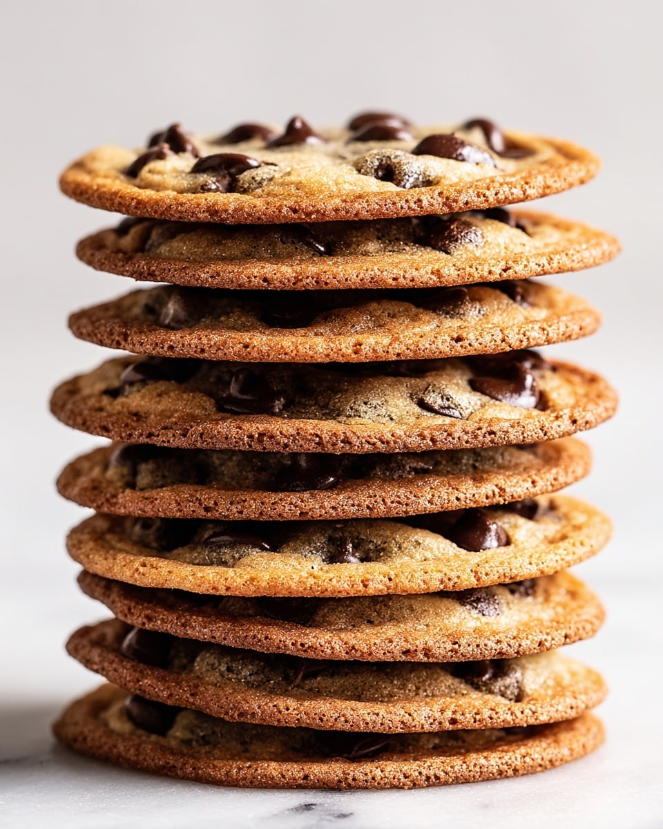 A tall stack of nine thin chocolate chip cookies is shown, each cookie light brown with dark chocolate chips spread unevenly across the surface, making small lumps and smooth sections. The cookies are slightly crispy texture with slightly darker edges, and the stack is centered on a white marbled surface. The view is close-up and straight-on, showing the thin layers clearly with some chocolate chips melting slightly in the middle and edges. photo taken with an iphone --ar 4:5 --v 7